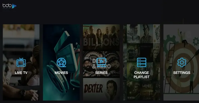 Pantalla de inicio de Bob Player con TV en directo, películas, series, cambiar lista y ajustes