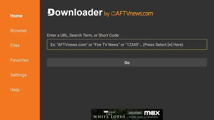Pantalla de inicio de Downloader con la casilla para introducir una URL o un código corto