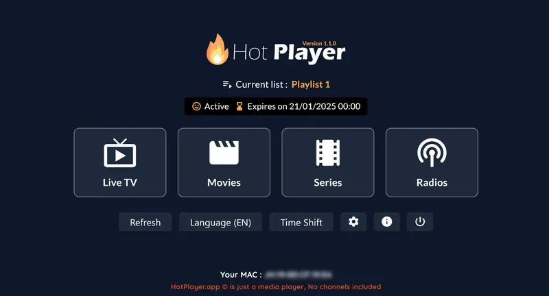 Pantalla de inicio de Hot Player con la lista activa, TV en directo, películas, series y radios