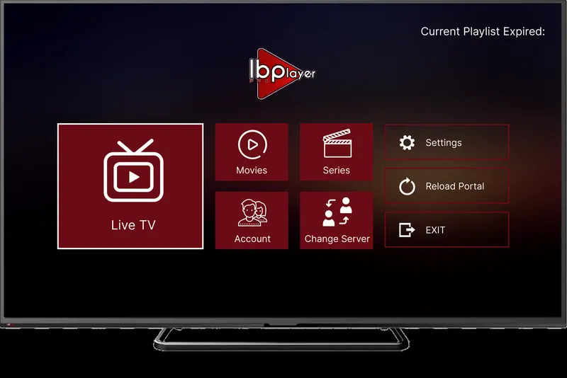 Pantalla de inicio de IBO Player Pro en una tele con TV en directo, películas, series y cuenta