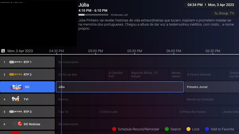 Guía de TV de iMPlayer con los canales, las horas de los programas y un programa resaltado