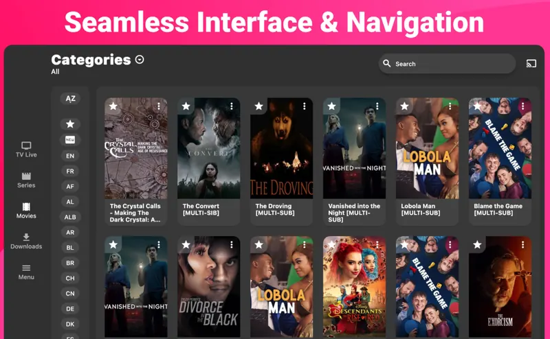 IPTV Expert en Windows mostrando una cuadrícula de películas ordenadas por categoría