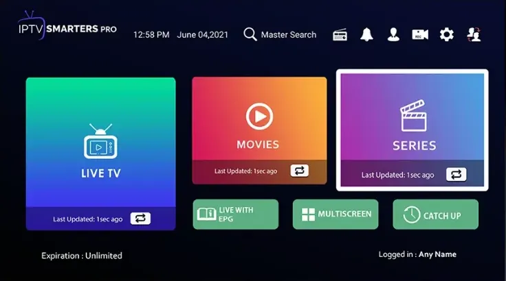 Pantalla de inicio de IPTV Smarters Pro con TV en directo, películas, series y catch-up