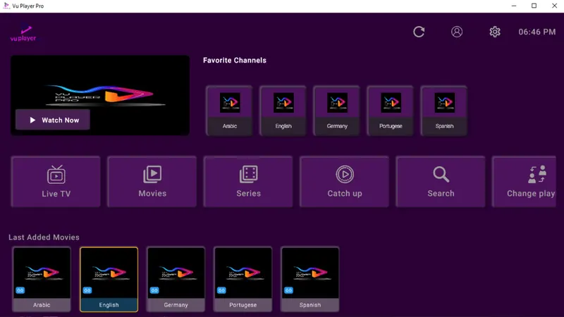 Vu Player Pro en Windows con canales favoritos y botones de TV en directo, películas, series y catch-up